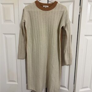Madewell Cream Knit Long Sleeve Wool Dress with Tan Neck